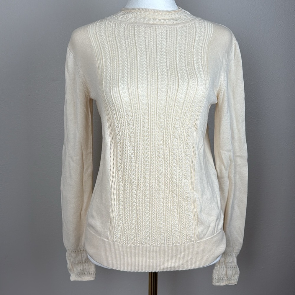 Sessùn Cable Pointelle Knit Sweater Cream Ivory Sheer Sleeves Size S
